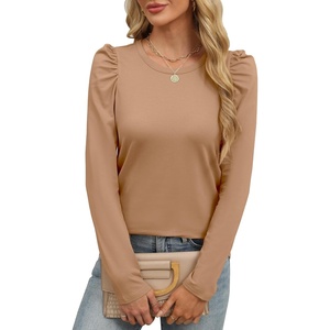 image:imageANRABESS Womens Puff Long Sleeve Shirts  Basic Crewneck Tops Comfy Soft Layering Tees Business Casual Work Office Outfits Fall Winter Transition ClothesDeep Khaki