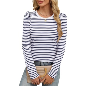 image:imageANRABESS Womens Puff Long Sleeve Shirts  Basic Crewneck Tops Comfy Soft Layering Tees Business Casual Work Office Outfits Fall Winter Transition ClothesStripe Navy Blue