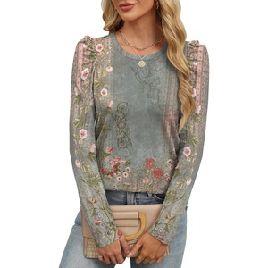 image:imageANRABESS Womens Puff Long Sleeve Shirts  Basic Crewneck Tops Comfy Soft Layering Tees Business Casual Work Office Outfits Fall Winter Transition ClothesFloral Green Flower