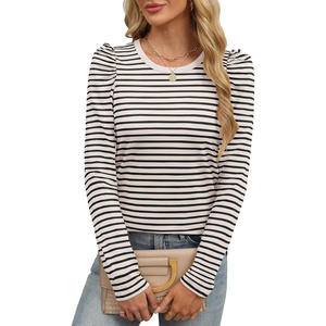 image:imageANRABESS Womens Puff Long Sleeve Shirts  Basic Crewneck Tops Comfy Soft Layering Tees Business Casual Work Office Outfits Fall Winter Transition ClothesStripe Almond