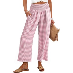 image:imageANRABESS Womens Striped Gingham Palazzo Pants  Wide Leg Smocked High Waisted Cropped PJ Bottoms Lounge amp Casual Summer Fall Comfy Cute Pants with PocketsPink White Plaid