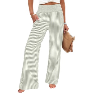 image:imageANRABESS Womens Striped Gingham Palazzo Pants  Wide Leg Smocked High Waisted Pajama Pants Lounge amp Casual Summer Fall Cute Pants with PocketsArmy Green White Stripe