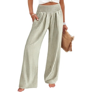 image:imageANRABESS Womens Striped Gingham Palazzo Pants  Wide Leg Smocked High Waisted Pajama Pants Lounge amp Casual Summer Fall Cute Pants with PocketsArmy Green White Plaid