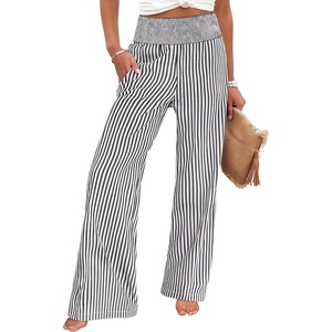 image:imageANRABESS Womens Striped Gingham Palazzo Pants  Wide Leg Smocked High Waisted Pajama Pants Lounge amp Casual Summer Fall Cute Pants with PocketsBlack White Stripe