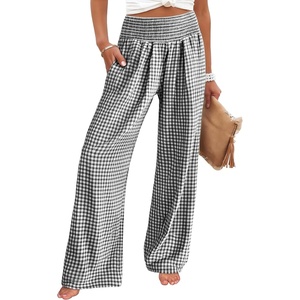 image:imageANRABESS Womens Striped Gingham Palazzo Pants  Wide Leg Smocked High Waisted Pajama Pants Lounge amp Casual Summer Fall Cute Pants with PocketsBlack White Plaid