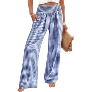 image:imageANRABESS Womens Striped Gingham Palazzo Pants  Wide Leg Smocked High Waisted Pajama Pants Lounge amp Casual Summer Fall Cute Pants with PocketsBlue White Plaid