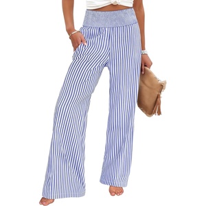 image:imageANRABESS Womens Striped Gingham Palazzo Pants  Wide Leg Smocked High Waisted Pajama Pants Lounge amp Casual Summer Fall Cute Pants with PocketsBlue White Stripe