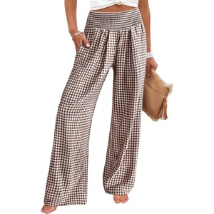 image:imageANRABESS Womens Striped Gingham Palazzo Pants  Wide Leg Smocked High Waisted Pajama Pants Lounge amp Casual Summer Fall Cute Pants with PocketsBrown White Plaid