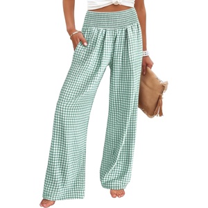image:imageANRABESS Womens Striped Gingham Palazzo Pants  Wide Leg Smocked High Waisted Pajama Pants Lounge amp Casual Summer Fall Cute Pants with PocketsGreen White Plaid