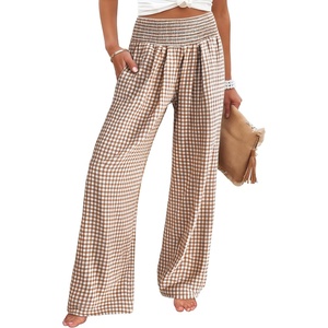 image:imageANRABESS Womens Striped Gingham Palazzo Pants  Wide Leg Smocked High Waisted Pajama Pants Lounge amp Casual Summer Fall Cute Pants with PocketsLight Brown White Plaid