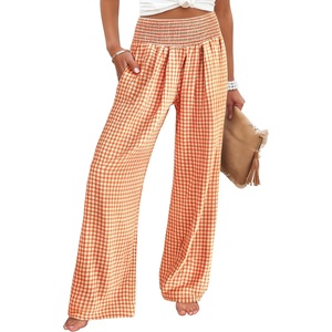 image:imageANRABESS Womens Striped Gingham Palazzo Pants  Wide Leg Smocked High Waisted Pajama Pants Lounge amp Casual Summer Fall Cute Pants with PocketsOrange White Plaid