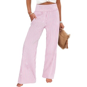 image:imageANRABESS Womens Striped Gingham Palazzo Pants  Wide Leg Smocked High Waisted Pajama Pants Lounge amp Casual Summer Fall Cute Pants with PocketsPink White Stripe