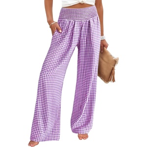 image:imageANRABESS Womens Striped Gingham Palazzo Pants  Wide Leg Smocked High Waisted Pajama Pants Lounge amp Casual Summer Fall Cute Pants with PocketsPurple White Plaid