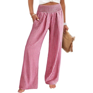image:imageANRABESS Womens Striped Gingham Palazzo Pants  Wide Leg Smocked High Waisted Pajama Pants Lounge amp Casual Summer Fall Cute Pants with PocketsRed White Plaid