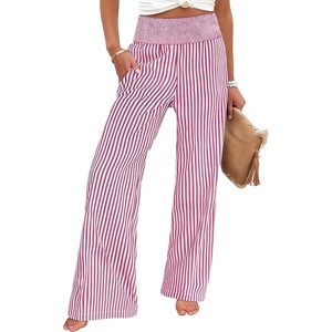 image:imageANRABESS Womens Striped Gingham Palazzo Pants  Wide Leg Smocked High Waisted Pajama Pants Lounge amp Casual Summer Fall Cute Pants with PocketsRed White Stripe