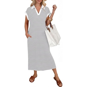 image:imageANRABESS Womens Summer Casual Polo V Neck Dresses  Short Sleeve Split Tshirt Maxi Dress with Pockets Soft WrinkleFree Loose Fit Beach Vacation Travel Outfit Summer ClothesGrey White Stripe