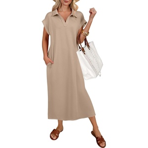 image:imageANRABESS Womens Summer Casual Polo V Neck Dresses  Short Sleeve Split Tshirt Maxi Dress with Pockets Soft WrinkleFree Loose Fit Beach Vacation Travel Outfit Summer ClothesAlmond