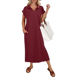 image:imageANRABESS Womens Summer Casual Polo V Neck Dresses  Short Sleeve Split Tshirt Maxi Dress with Pockets Soft WrinkleFree Loose Fit Beach Vacation Travel Outfit Summer ClothesWine Red