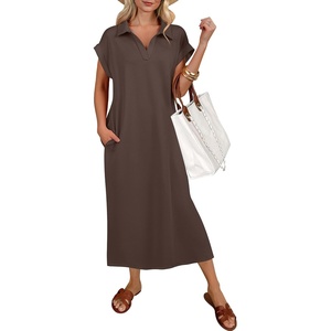image:imageANRABESS Womens Summer Casual Polo V Neck Dresses  Short Sleeve Split Tshirt Maxi Dress with Pockets Soft WrinkleFree Loose Fit Beach Vacation Travel Outfit Summer ClothesBrown