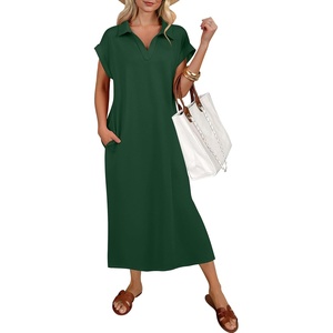 image:imageANRABESS Womens Summer Casual Polo V Neck Dresses  Short Sleeve Split Tshirt Maxi Dress with Pockets Soft WrinkleFree Loose Fit Beach Vacation Travel Outfit Summer ClothesForest Green