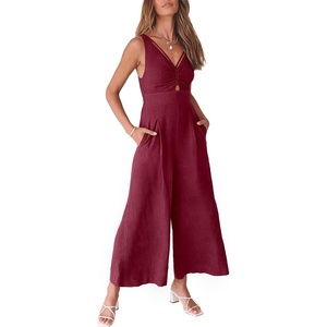 image:imageANRABESS Womens Summer Linen Wide Leg Sleeveless Jumpsuits  V Neck Cutout High Waist Rompers Breathable Lightweight Beach Vacation Pants Outfit Casual Dressy Fall Winter Resort WearFuchsia