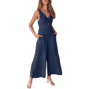 image:imageANRABESS Womens Summer Linen Wide Leg Sleeveless Jumpsuits  V Neck Cutout High Waist Rompers Breathable Lightweight Beach Vacation Pants Outfit Casual Dressy Fall Winter Resort WearBlue