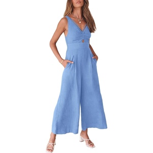 image:imageANRABESS Womens Summer Linen Wide Leg Sleeveless Jumpsuits  V Neck Cutout High Waist Rompers Breathable Lightweight Beach Vacation Pants Outfit Casual Dressy Fall Winter Resort WearSky Blue