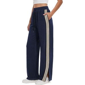 image:imageANRABESS Womens Sweatpants Wide Leg Striped Track Pants  Straight Leg High Elastic Drawstring Waist Sweat Pants amp PocketsSide Slit HemAthleisure SportyCasual LoungeFall WinterNavy Blue