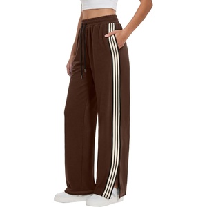 image:imageANRABESS Womens Sweatpants Wide Leg Striped Track Pants  Straight Leg High Elastic Drawstring Waist Sweat Pants amp PocketsSide Slit HemAthleisure SportyCasual LoungeFall WinterCoffee