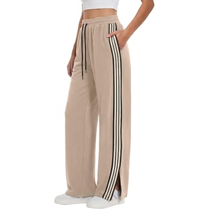 image:imageANRABESS Womens Sweatpants Wide Leg Striped Track Pants  Straight Leg High Elastic Drawstring Waist Sweat Pants amp PocketsSide Slit HemAthleisure SportyCasual LoungeFall WinterLight Khaki