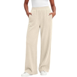 image:imageANRABESS Womens Waffle Knit Wide Leg Lounge Pants  Soft Fabric High Waist Elastic Loose Trousers with Pockets Casual Travel Work Loungewear Fall Winter Transition ClothesParchment