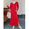 image:imageANRABESS Women Long Sleeve Dresses 2026 Fall Casual Crewneck Loose Fit Split Flowy WrinkleFree Travel Vacation Maxi DressRed