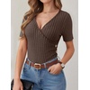 image:imageANRABESS Women Short Sleeve V Neck Shirts  Comfy Soft Slim Fitted Wrap Sexy Top Dressy Casual Daily Wear Work Vacation Going Out Spring Summer SweaterChocolate Brown