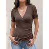 image:imageANRABESS Women Short Sleeve V Neck Shirts  Comfy Soft Slim Fitted Wrap Sexy Top Dressy Casual Daily Wear Work Vacation Going Out Spring Summer SweaterChocolate Brown
