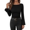 image:imageANRABESS Womens Bell Long Sleeve Boat Neck Crop Tops  Stretchy SoftRuched Slim Fitted ShirtsCute Stylish Y2K Street TeeGoing Out Travel AllDay WearFall FashionYoung GirlsBlack