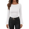 image:imageANRABESS Womens Bell Long Sleeve Boat Neck Crop Tops  Stretchy SoftRuched Slim Fitted ShirtsCute Stylish Y2K Street TeeGoing Out Travel AllDay WearFall FashionYoung GirlsWhite