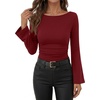 image:imageANRABESS Womens Bell Long Sleeve Boat Neck Crop Tops  Stretchy SoftRuched Slim Fitted ShirtsCute Stylish Y2K Street TeeGoing Out Travel AllDay WearFall FashionYoung GirlsRed