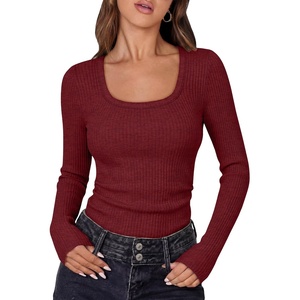 image:imageANRABESS Ribbed Square Neck Slim Long Sleeve Shirts for Women  Cozy Soft Stretchy Knit Basic Tops Business Casual Work Going Out Daily Wear Fall Winter Trendy Layering ClothesDeep Red