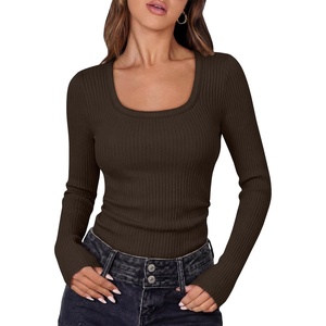 image:imageANRABESS Ribbed Square Neck Slim Long Sleeve Shirts for Women  Cozy Soft Stretchy Knit Basic Tops Business Casual Work Going Out Daily Wear Fall Winter Trendy Layering ClothesBrown