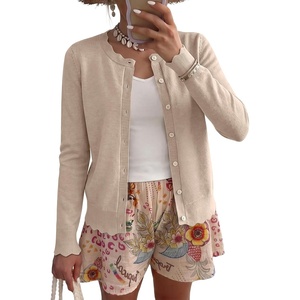 image:imageANRABESS Women Lightweight Button Down Cardigan Sweaters  Long Sleeve Crew Neck Scalloped TrimSummer Soft Knit Work Business Casual Outfits 2026 Fall Trendy Travel OutingsAlmond