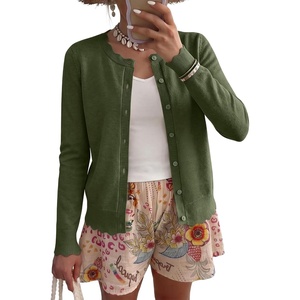 image:imageANRABESS Women Lightweight Button Down Cardigan Sweaters  Long Sleeve Crew Neck Scalloped TrimSummer Soft Knit Work Business Casual Outfits 2026 Fall Trendy Travel OutingsArmy Green