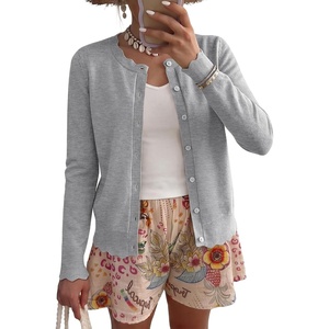 image:imageANRABESS Women Lightweight Button Down Cardigan Sweaters  Long Sleeve Crew Neck Scalloped TrimSummer Soft Knit Work Business Casual Outfits 2026 Fall Trendy Travel OutingsGrey