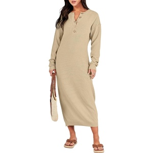 image:imageANRABESS Women Long Sleeve Button V Neck Oversized Casual Loose Fit Waffle Knit Fall Midi Sweater Dress 2026 Trendy OutfitsApricot
