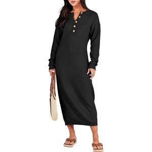 image:imageANRABESS Women Long Sleeve Button V Neck Oversized Casual Loose Fit Waffle Knit Fall Midi Sweater Dress 2026 Trendy OutfitsBlack