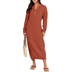 image:imageANRABESS Women Long Sleeve Button V Neck Oversized Casual Loose Fit Waffle Knit Fall Midi Sweater Dress 2026 Trendy OutfitsBrick Red