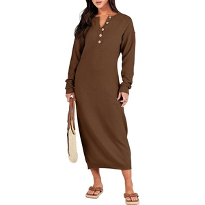 image:imageANRABESS Women Long Sleeve Button V Neck Oversized Casual Loose Fit Waffle Knit Fall Midi Sweater Dress 2026 Trendy OutfitsBrown