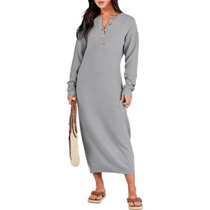 image:imageANRABESS Women Long Sleeve Button V Neck Oversized Casual Loose Fit Waffle Knit Fall Midi Sweater Dress 2026 Trendy OutfitsGrey