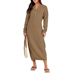 image:imageANRABESS Women Long Sleeve Button V Neck Oversized Casual Loose Fit Waffle Knit Fall Midi Sweater Dress 2026 Trendy OutfitsKhaki