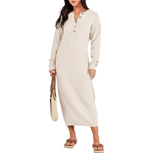 image:imageANRABESS Women Long Sleeve Button V Neck Oversized Casual Loose Fit Waffle Knit Fall Midi Sweater Dress 2026 Trendy OutfitsLight Apricot
