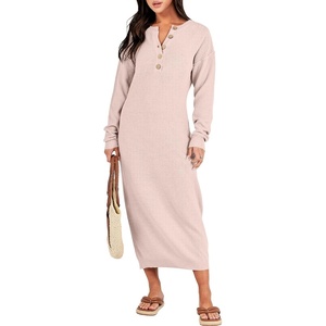 image:imageANRABESS Women Long Sleeve Button V Neck Oversized Casual Loose Fit Waffle Knit Fall Midi Sweater Dress 2026 Trendy OutfitsLight Pink